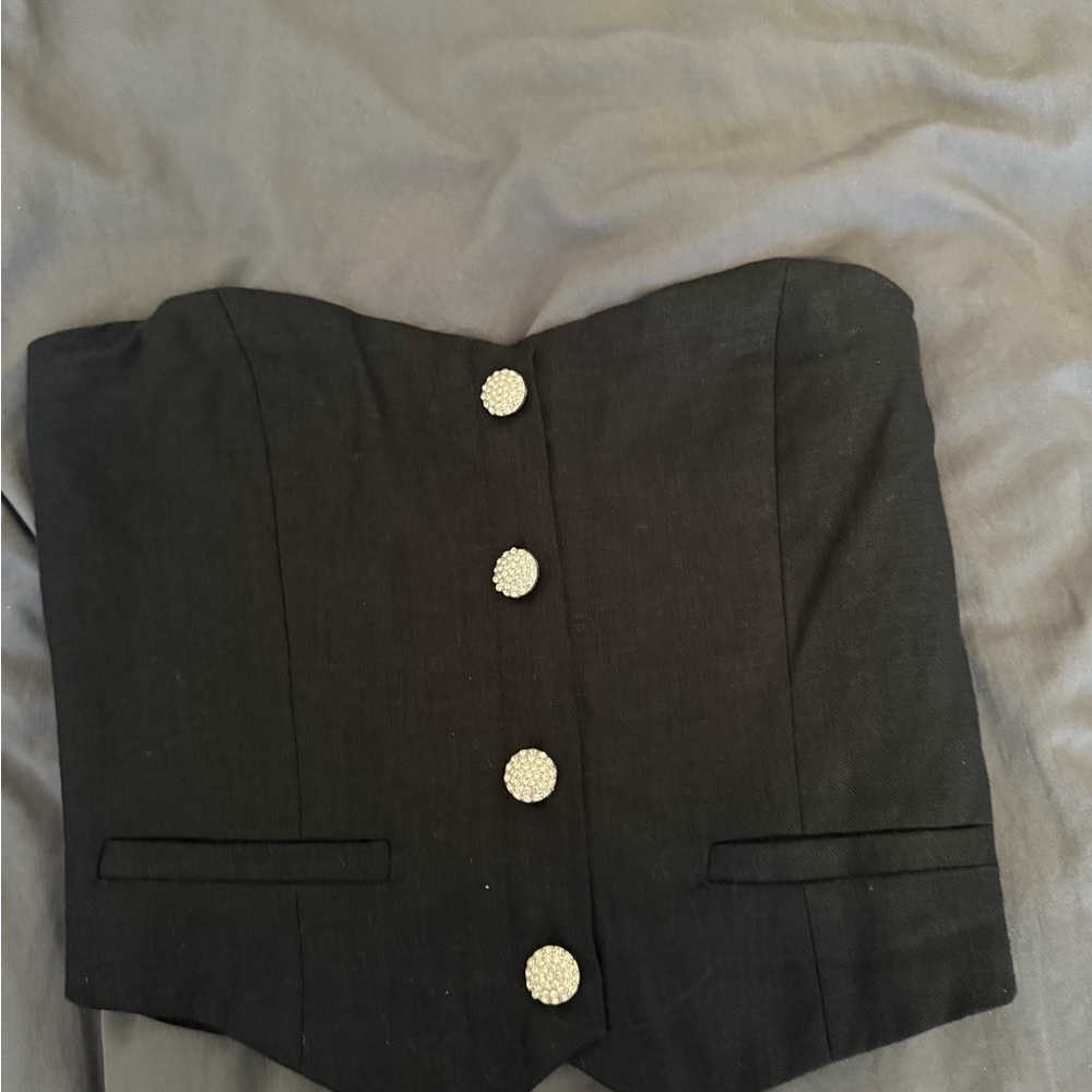 Black Strapless Corset Top with Button Accents